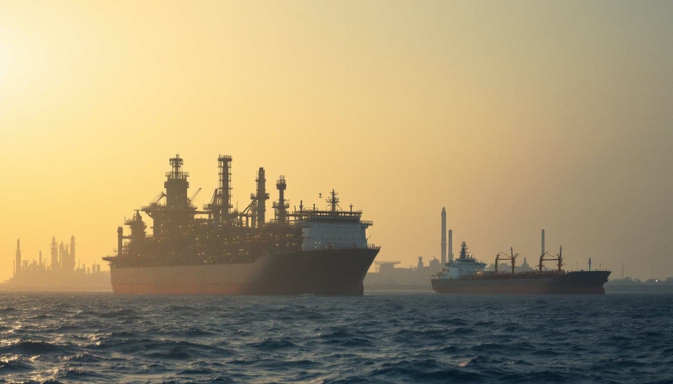 A commercial vessel transiting Gulf waters at dusk, with visible smoke on the horizon, illustrating maritime security risks in the region.