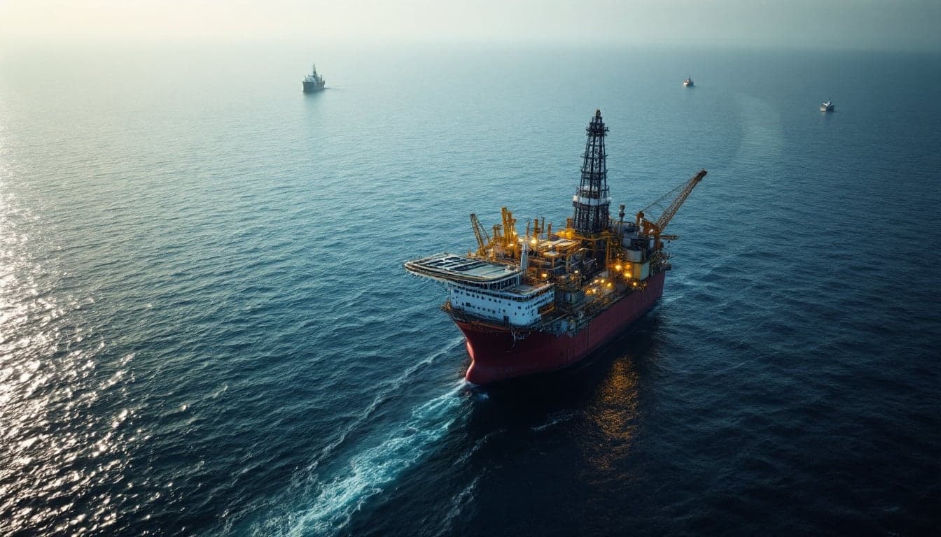An offshore drilling rig positioned in open water, representing a gas appraisal program under a production sharing contract in a frontier basin.