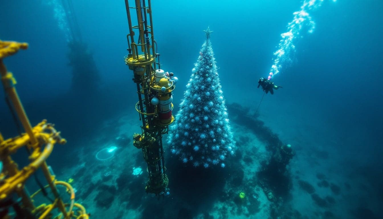 Subsea PLEM structure being lowered by ROV toward the seabed in ultra-deepwater conditions representative of the Campos Basin pre-salt environment.