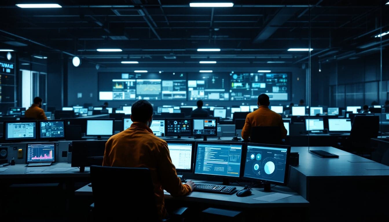 Sala de controle de operações de uma distribuidora de energia elétrica no Brasil, com painéis de monitoramento de rede.