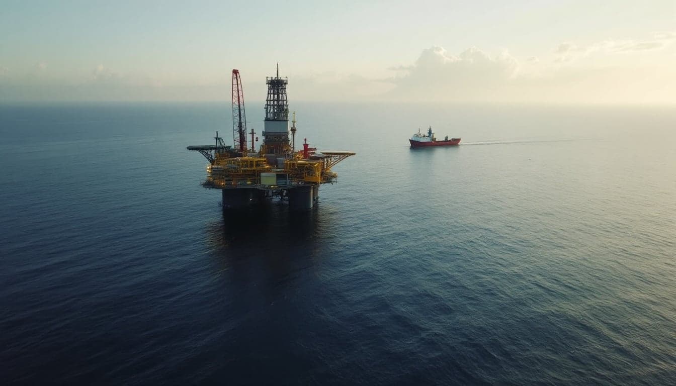A deepwater drilling vessel positioned offshore in calm seas, representing appraisal operations at a frontier exploration block.