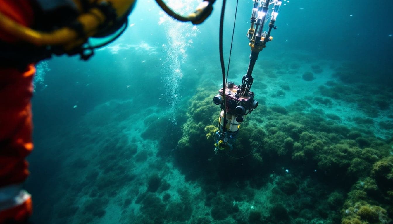 Subsea tieback infrastructure on the seabed, showing flowlines and umbilicals connecting a satellite well to a host facility in a North Sea environment.