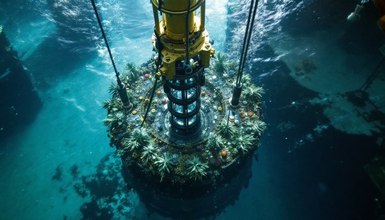 ROV realizando inspeção em estrutura subsea em águas profundas, com cabos umbilicais visíveis ao fundo.