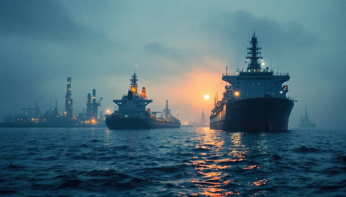 Navio-tanque navegando em rota ártica com gelo ao fundo, representando o escoamento de petróleo russo pela Rota do Mar do Norte.