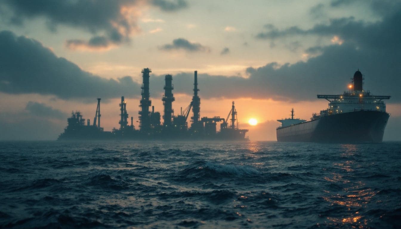 An aerial view of an oil refinery and fuel storage terminal at dusk, representing refined-product export infrastructure.