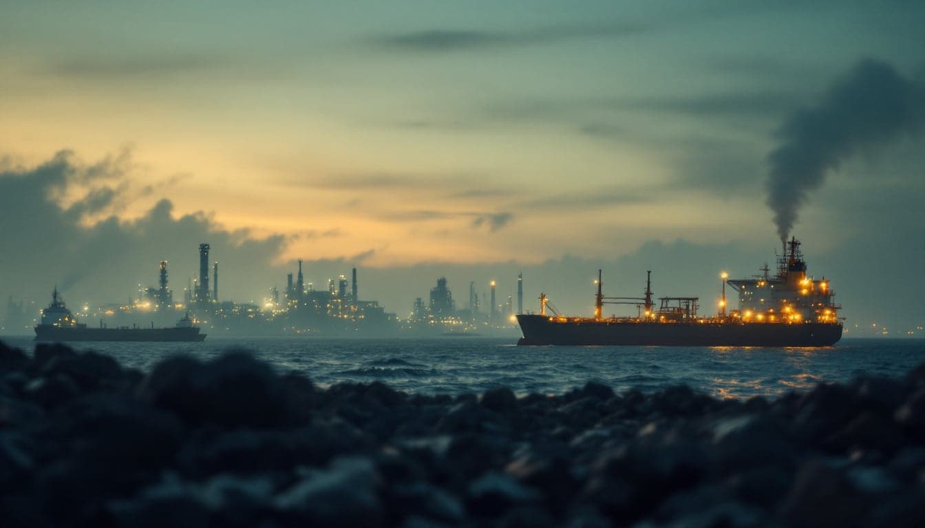 A large marine fuel bunkering vessel alongside an offshore support ship at an industrial port terminal, with refinery infrastructure visible in the background.