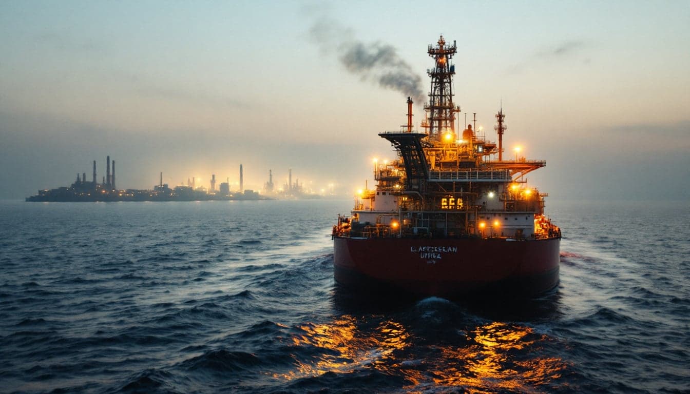 An oil tanker loading at a port terminal with industrial infrastructure visible in the background, representing crude export operations.