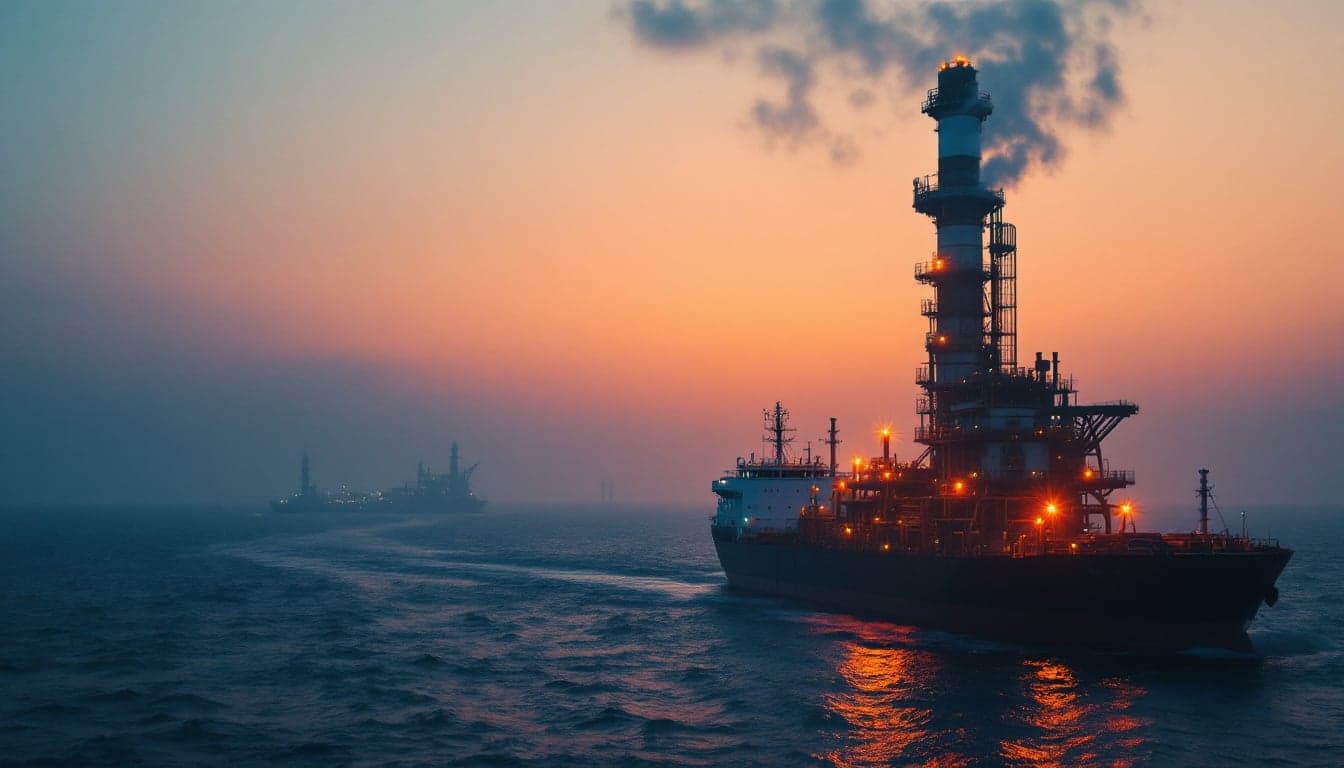 A large petroleum refinery at dusk with distillation columns illuminated, representing global diesel production and export supply chains.
