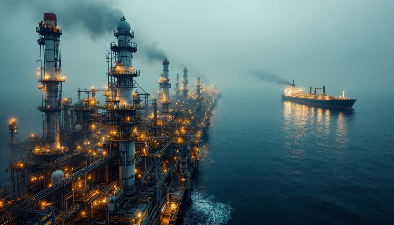 Aerial view of a large petroleum refinery complex with visible processing units and storage tanks, representing industrial fuel production infrastructure.