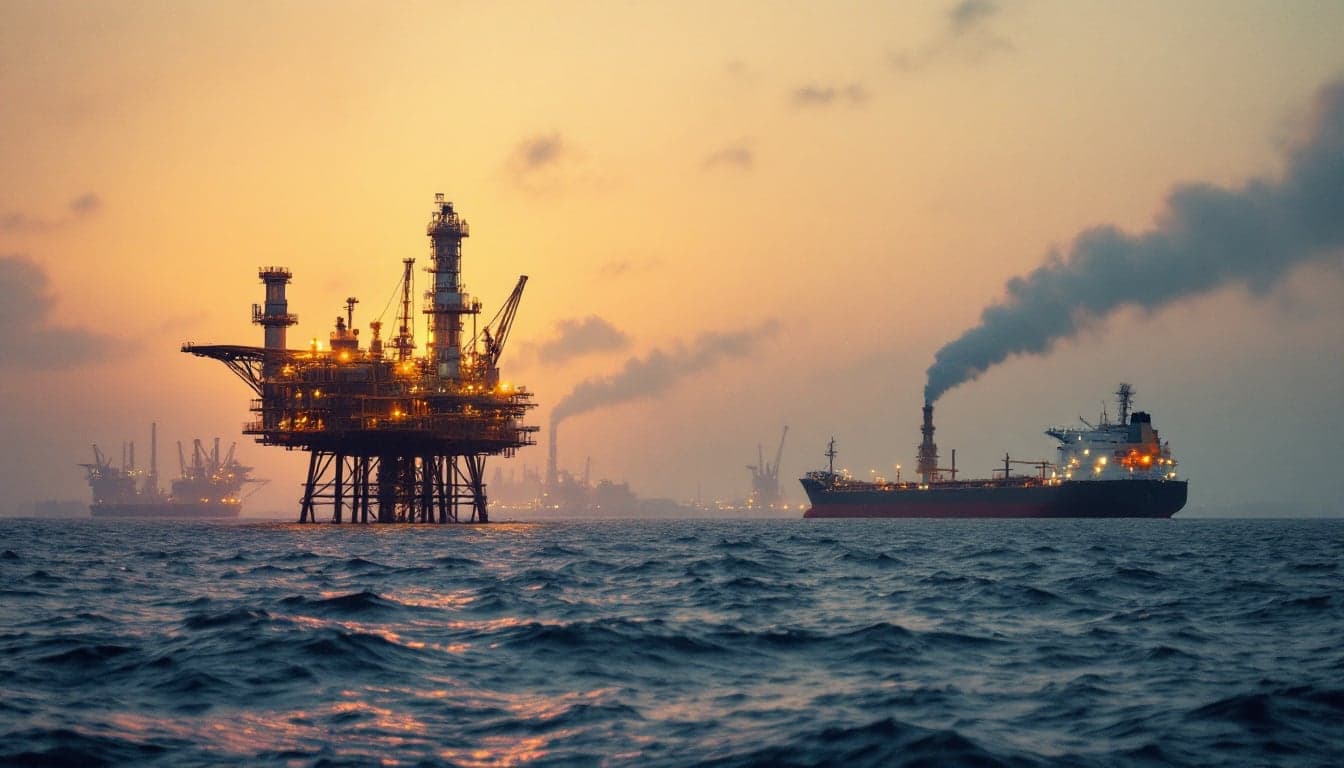 An offshore crude loading terminal at dusk, representing the intersection of energy infrastructure security and global supply continuity.