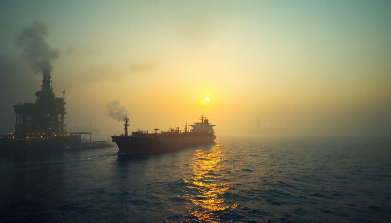 A fully laden VLCC crude tanker transiting a narrow shipping lane, representing the rerouting of Saudi crude exports through the Strait of Hormuz.