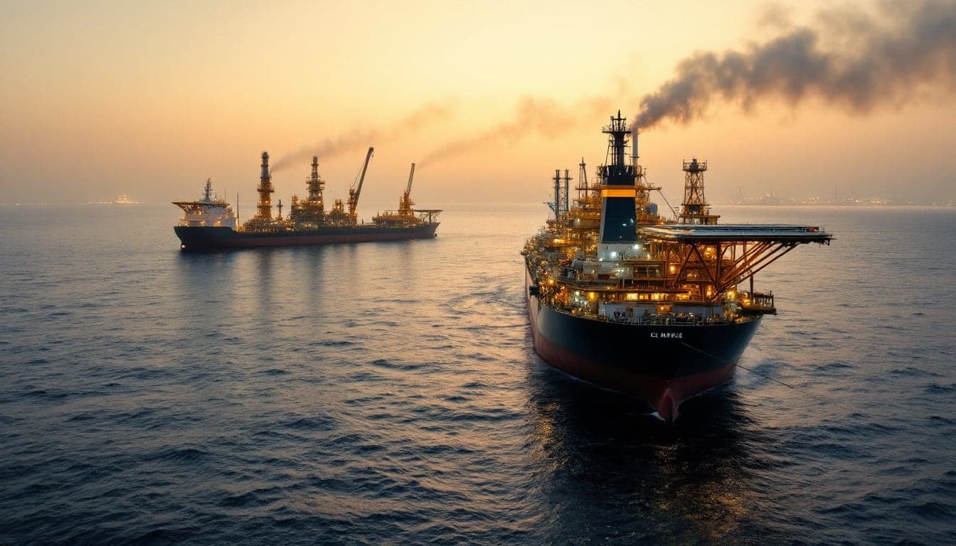 Aerial view of a large crude oil export terminal on the Red Sea coast, with VLCCs at berth and pipeline infrastructure visible onshore.