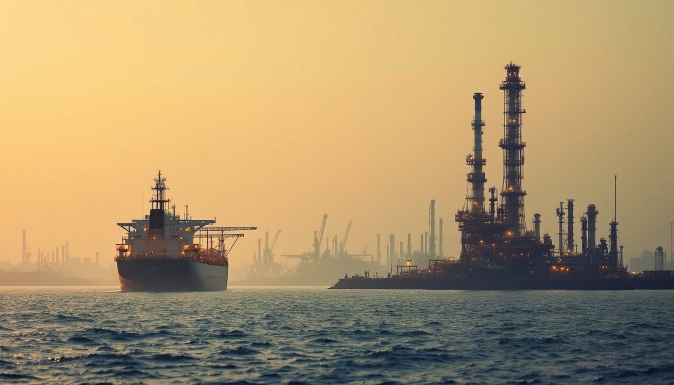 An offshore FPSO vessel operating in deepwater against a backdrop of a declining oil price chart, illustrating the impact of Saudi crude price cuts on Brazilian offshore production economics.