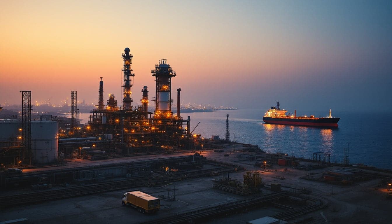 A VLCC tanker loading crude at a Red Sea terminal, with pipeline infrastructure visible on the shoreline in the background.