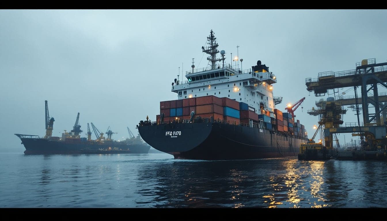Vista aérea de uma unidade FSO ancorada em águas profundas, com mangueiras de transferência de óleo conectadas a um navio aliviador ao fundo.