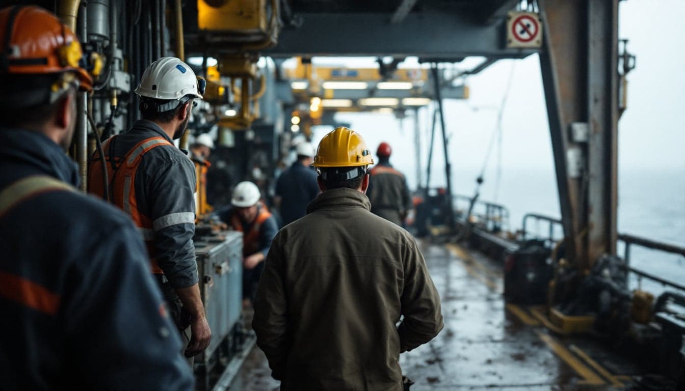 An offshore worker in a hard hat sits alone on a vessel deck looking toward the horizon, conveying the isolation of extended offshore rotations.