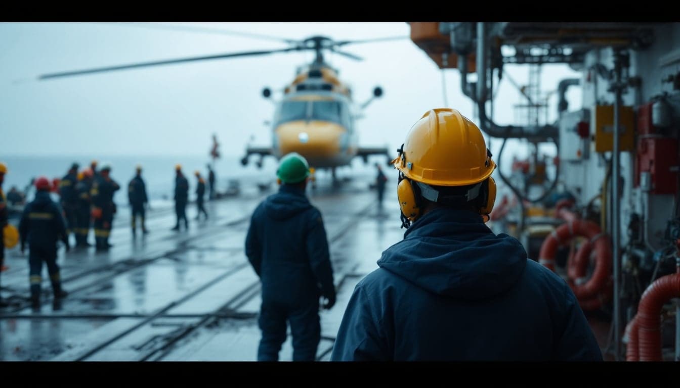 An offshore crew member in a hard hat and overalls stands on the deck of an FPSO vessel at dusk, looking toward the horizon.