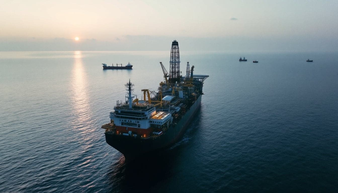 A marine geophysical survey vessel deploying seismic streamers and geochemical sampling equipment in open offshore waters.