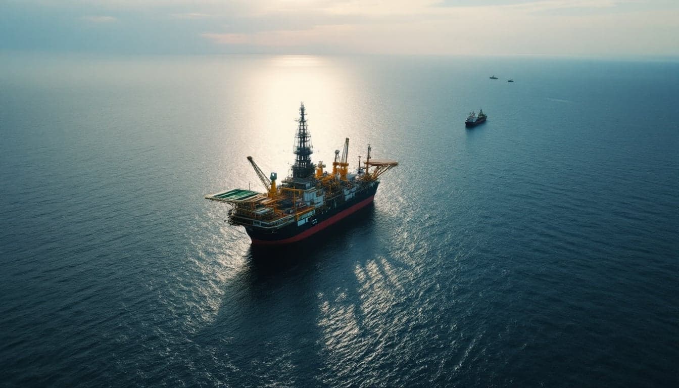 Navio sísmico de alta capacidade navegando em mar aberto durante campanha de aquisição de dados 3D.