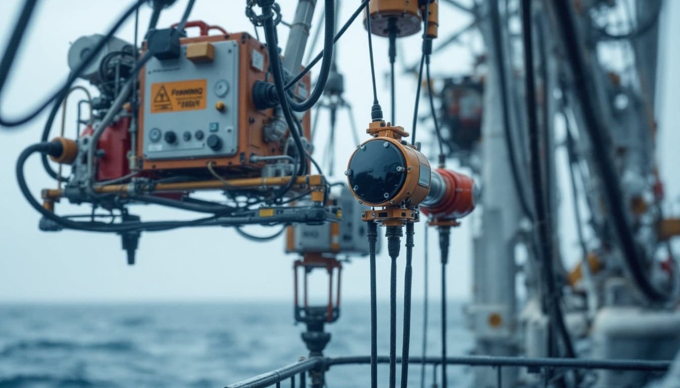 A remotely operated vehicle deploys an ocean bottom seismic node onto the seabed during a deepwater acquisition campaign.