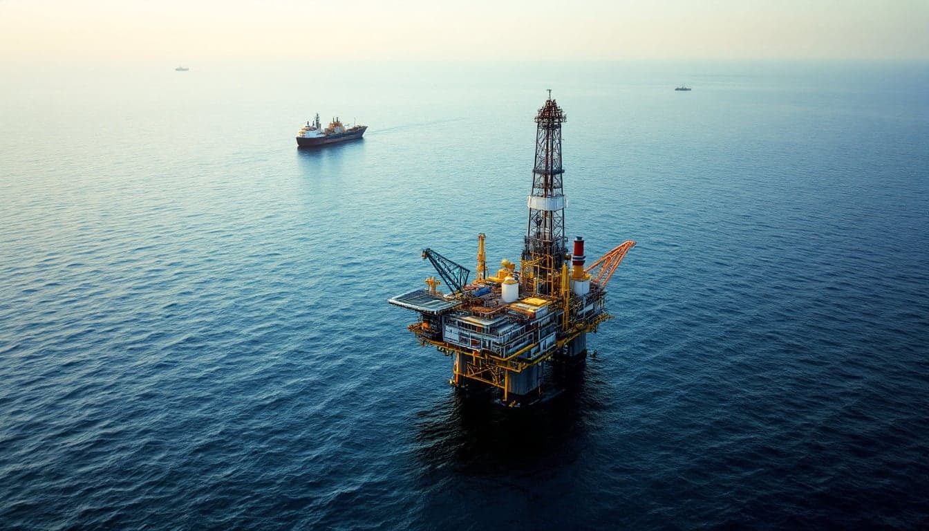 A deepwater drilling vessel operating in open ocean, representing exploration activity in the Orange Basin off the coast of Namibia.