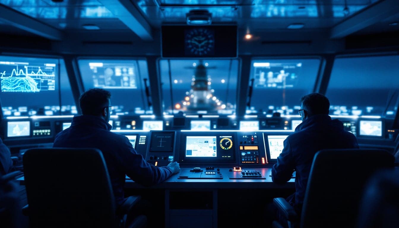 Engenheiros analisando modelos digitais de desenvolvimento de campo em tela de workstation em ambiente offshore.
