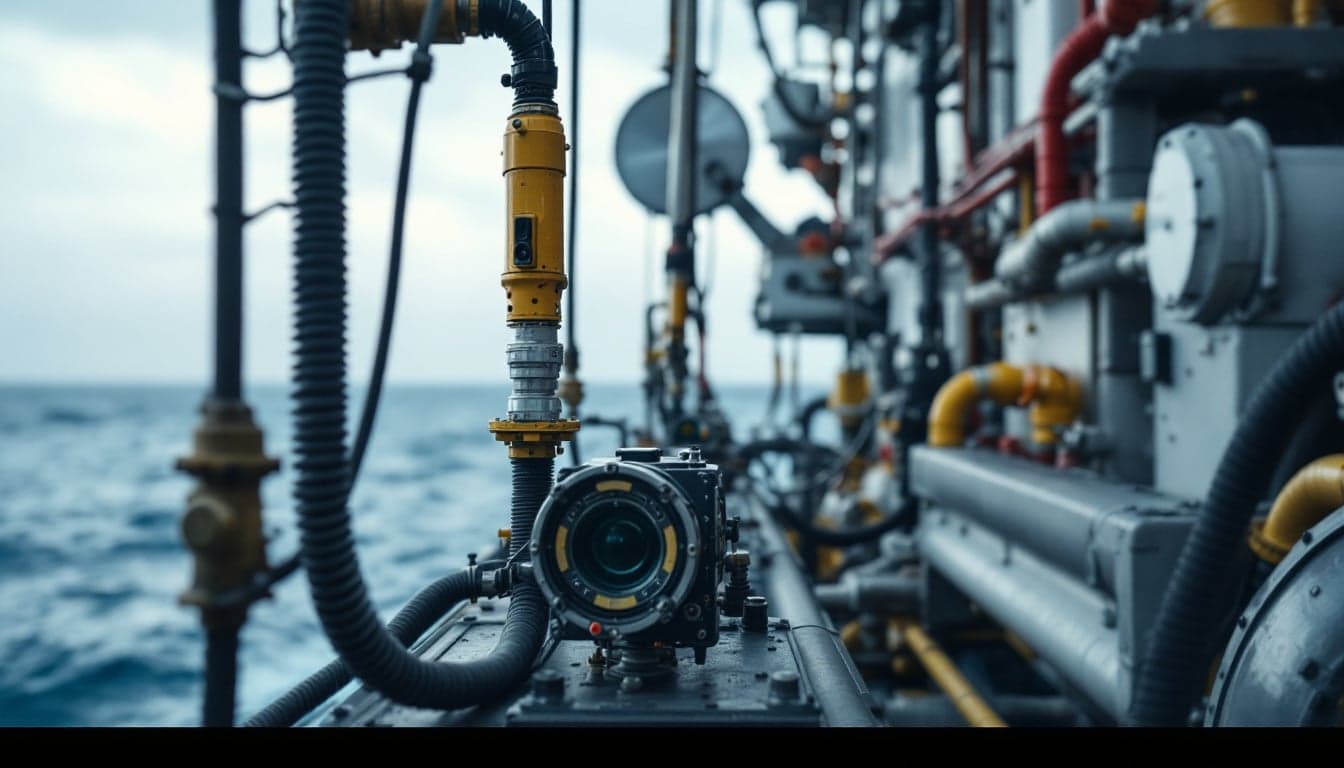 A subsea acoustic monitoring transponder being deployed from an offshore vessel over deepwater, with a floating production platform visible in the background.