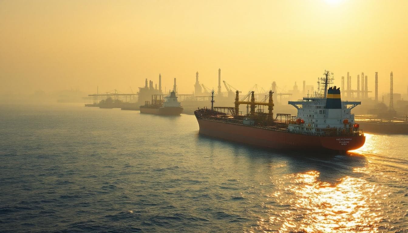 A VLCC crude oil tanker transiting open ocean waters, representing Brazil-to-China export routes affected by Strait of Hormuz disruptions.