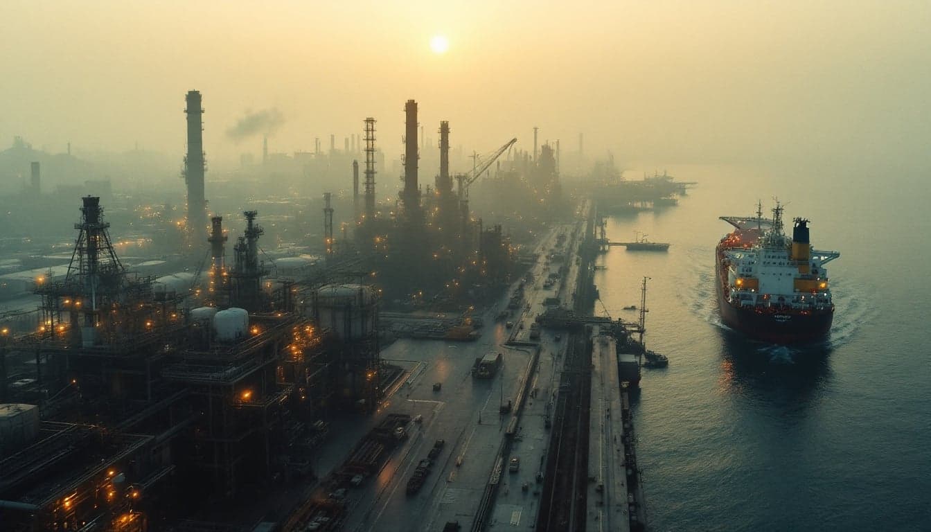Aerial view of a port facility with maritime infrastructure including piers and a control tower, representing the Chabahar port complex on Iran's southeastern coast.