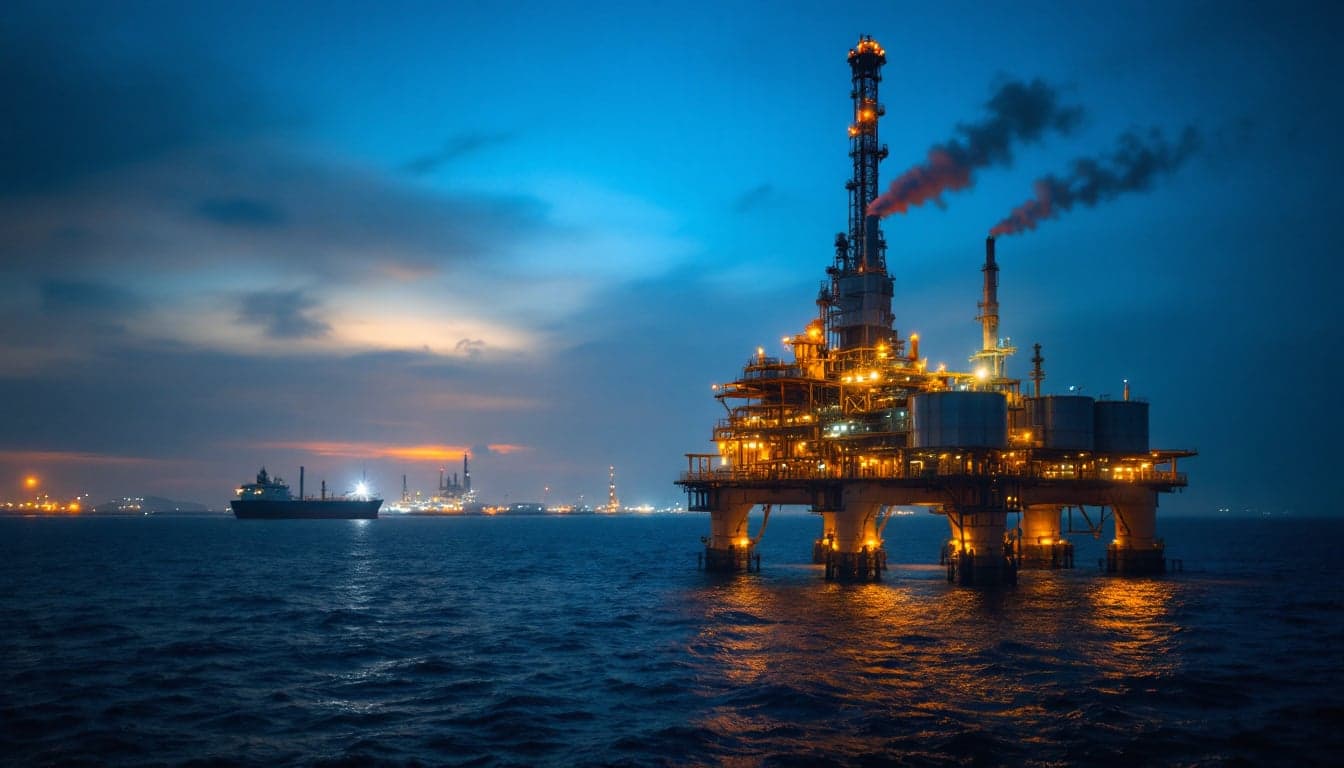 A commercial oil tanker transiting the Gulf of Oman with naval vessels visible on the horizon, illustrating the maritime security risks affecting the Strait of Hormuz shipping corridor.