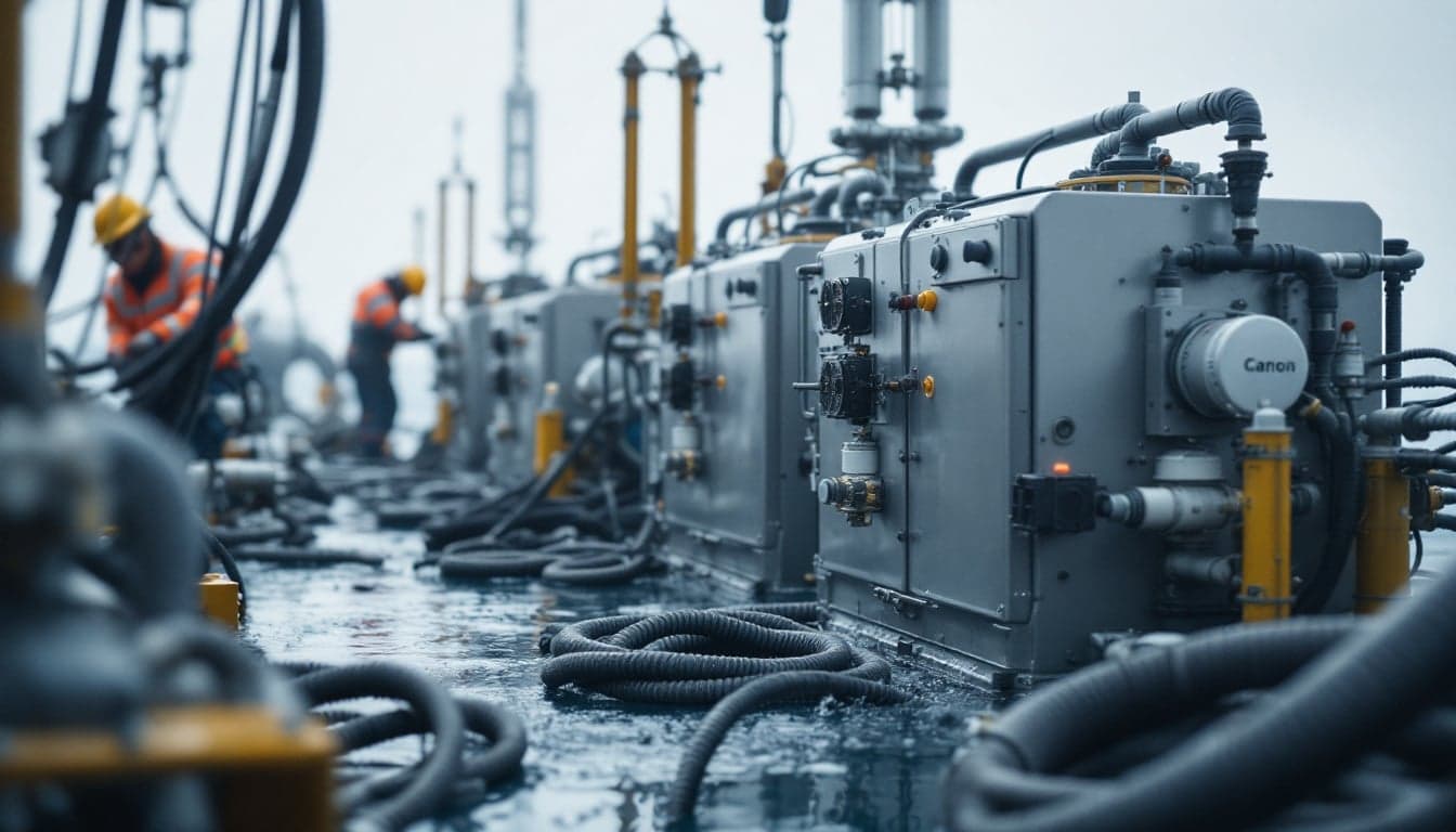 Close-up of a high-specification marine battery module in an industrial assembly environment, with visible cell arrays and structural housing designed for subsea pressure conditions.