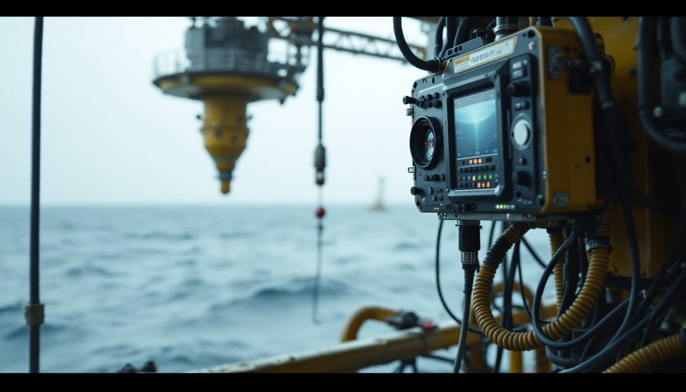 An autonomous underwater vehicle navigating near a subsea sensor array, illustrating the communication challenge that cable-free RF technologies aim to address.