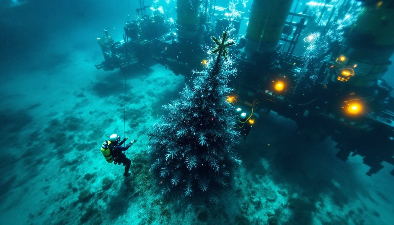 An offshore construction vessel laying subsea pipeline in shallow coastal waters, with crane and pipe-lay equipment visible on deck.
