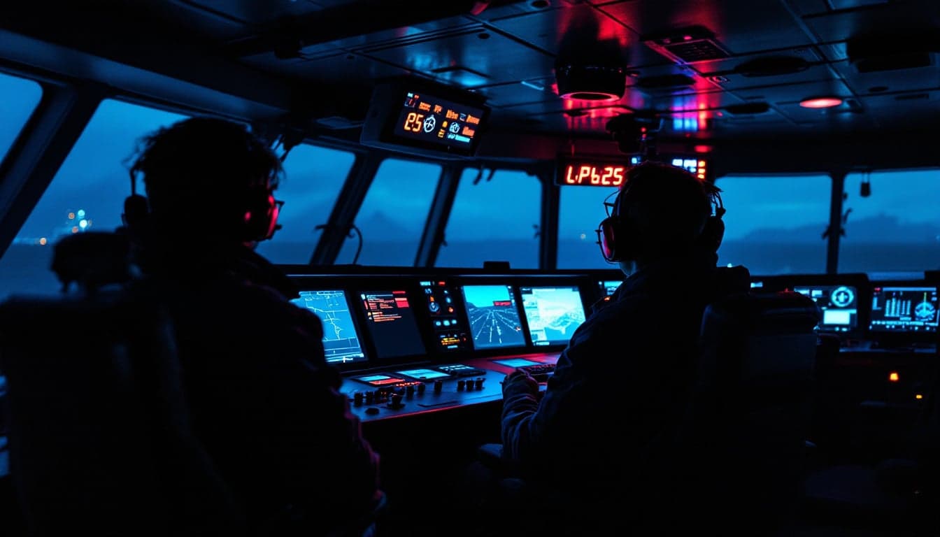 The bridge of an LNG carrier showing navigation and safety system displays, representing the digital systems reported to have been targeted in a suspected cyberattack.