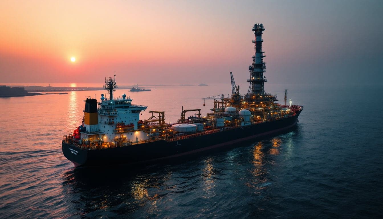 Terminal portuário de exportação de petróleo com tankers atracados, representando a infraestrutura do Mar Negro afetada por ataques com drones no contexto do conflito ucraniano.