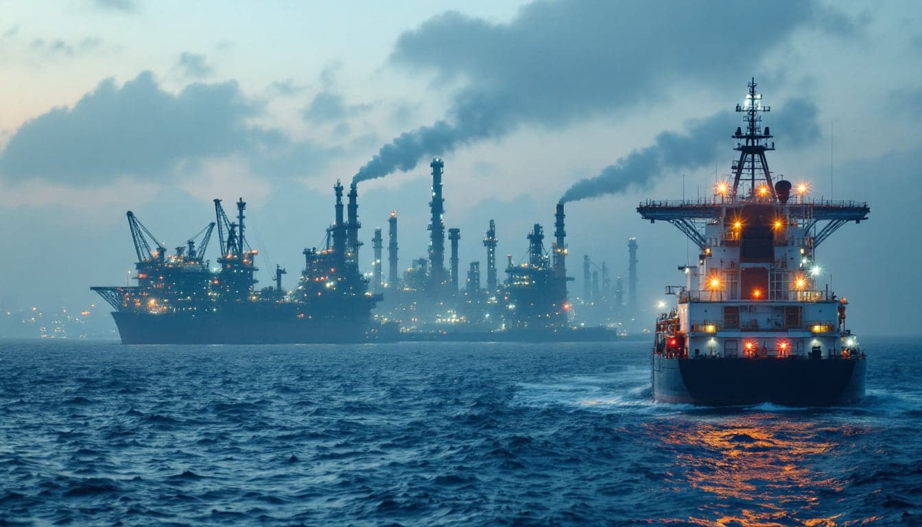 A tanker vessel navigating the Persian Gulf with the coastline of Qatar visible in the background, representing maritime security concerns in the region.