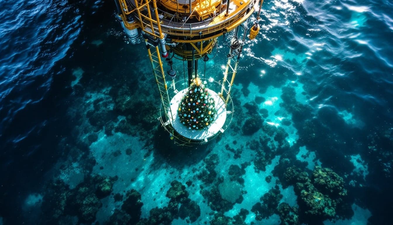 A subsea manifold being lowered from a construction vessel during a deepwater installation operation in the North Sea.