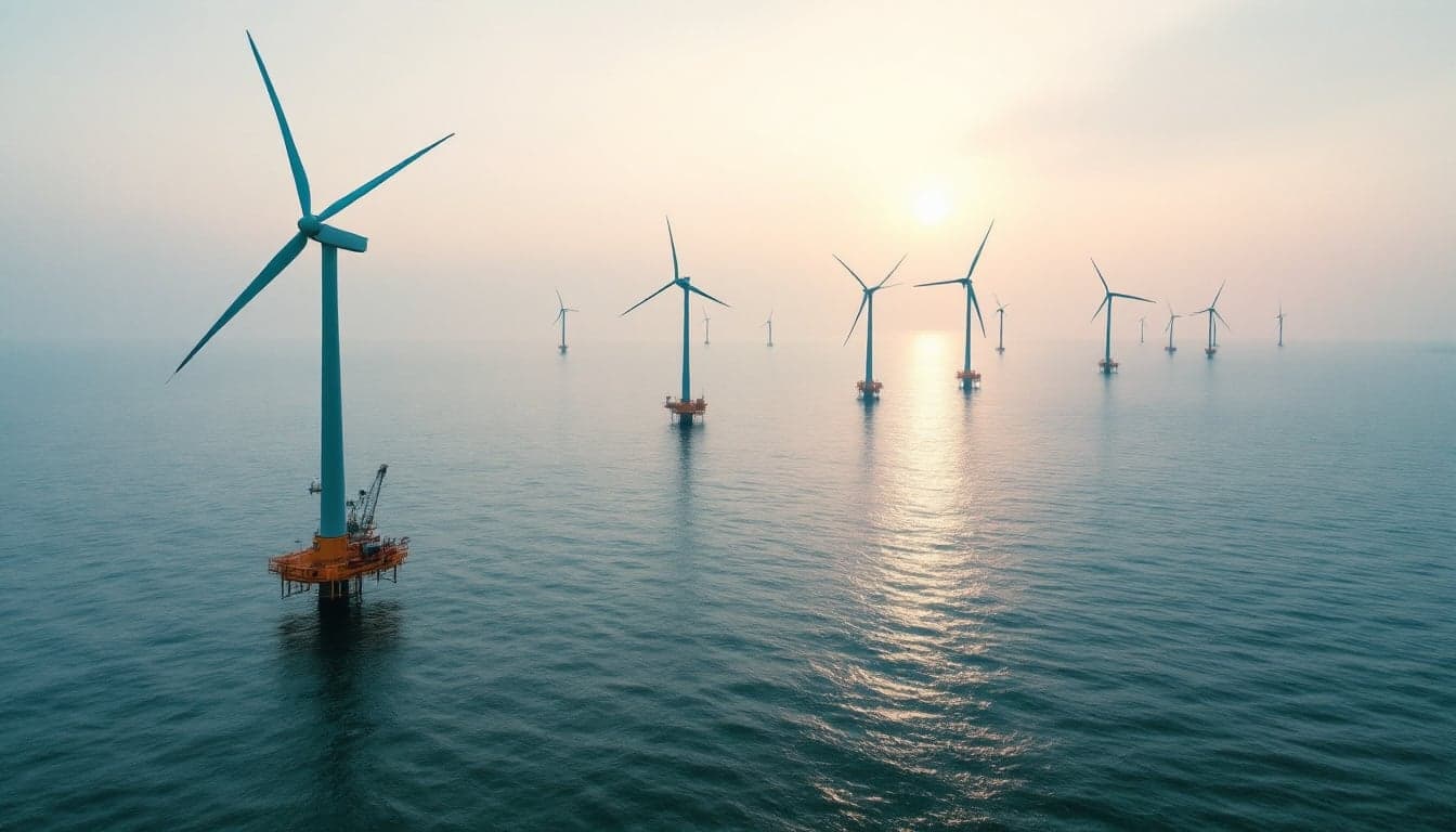 An offshore converter station platform under construction at sea, surrounded by installation vessels and support craft, with wind turbines visible in the background.
