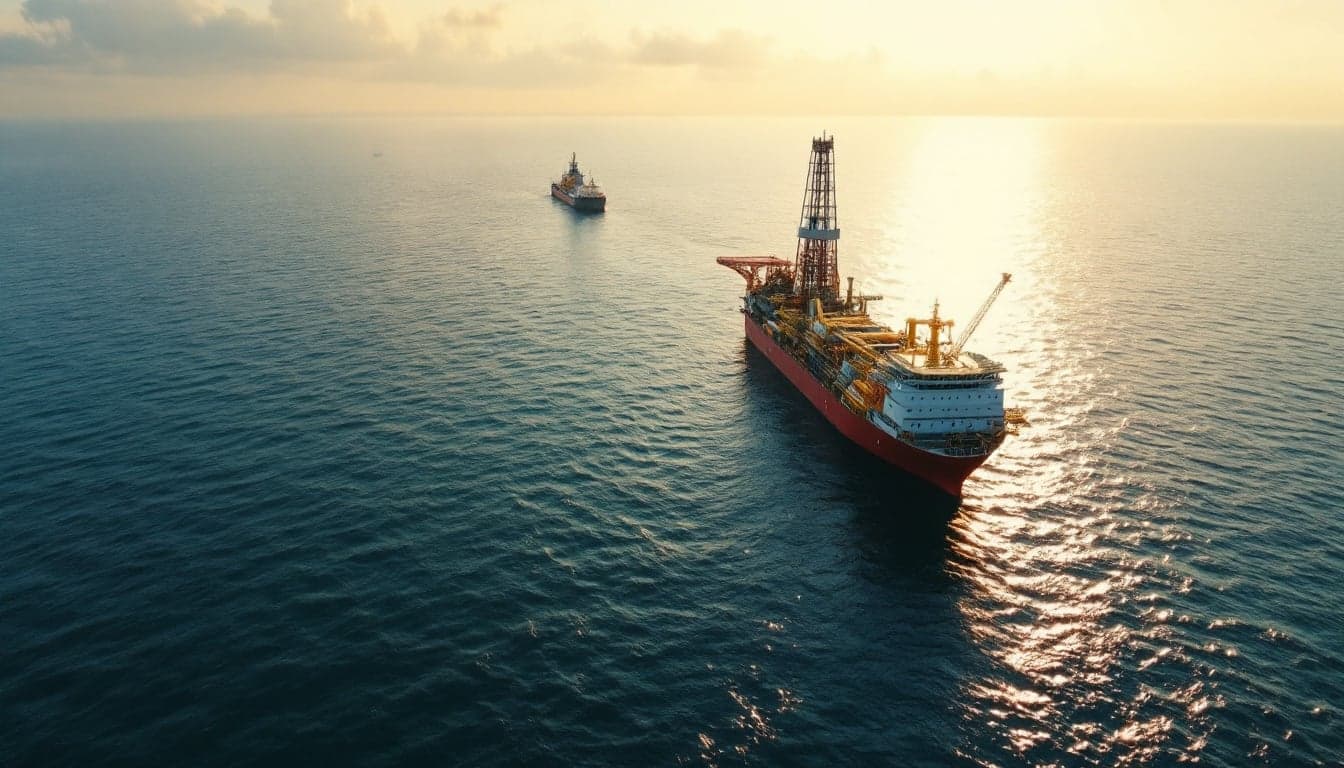 A seismic acquisition vessel towing streamer arrays across open ocean during an offshore geophysical survey campaign.