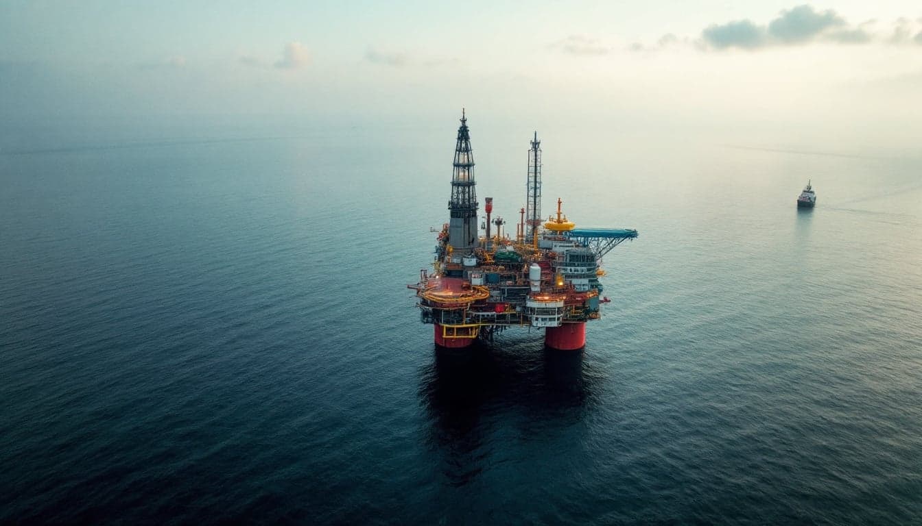 Navio sísmico realizando aquisição de dados 2D em águas offshore da África Ocidental, com cabos sísmicos rebocados na superfície do mar.
