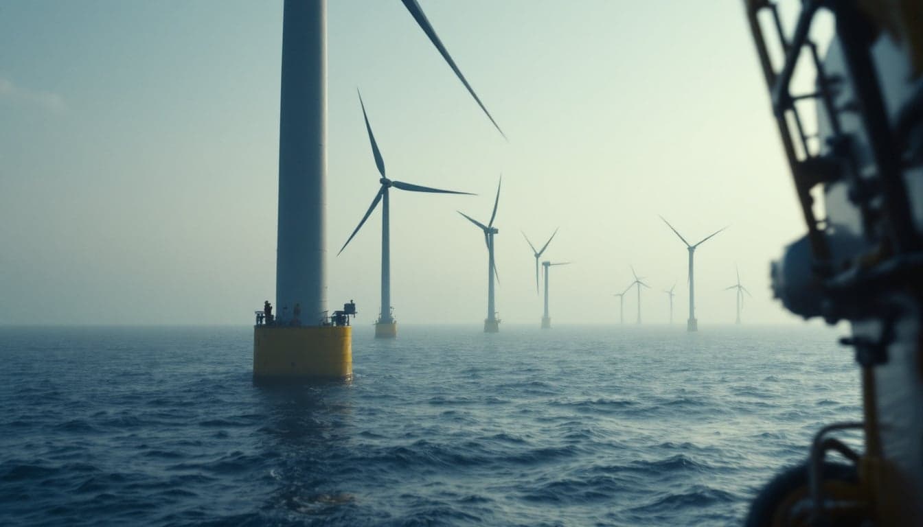 A large fan-shaped Ramform survey vessel underway at sea, associated with offshore geophysical and site characterization campaigns.