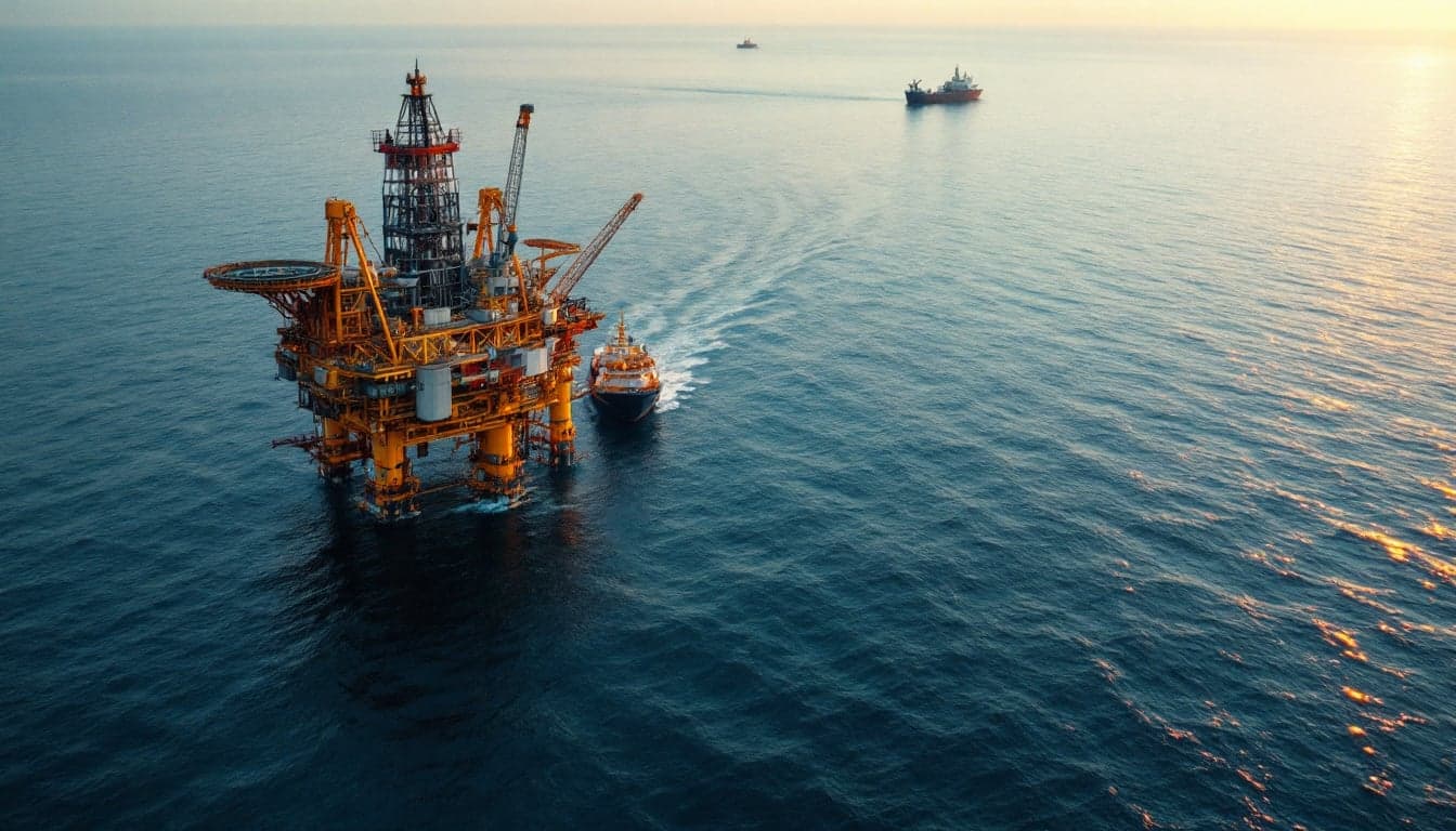 Navio de levantamento sísmico em águas abertas do Mediterrâneo, representando atividades de exploração offshore em fronteiras inexploradas.