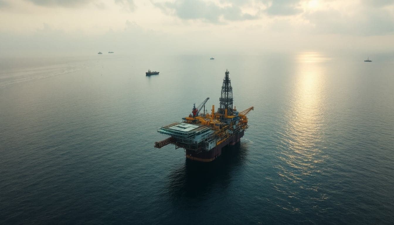 Sonda de perfuração offshore operando em águas tropicais da margem equatorial atlântica, com plataforma iluminada ao entardecer.