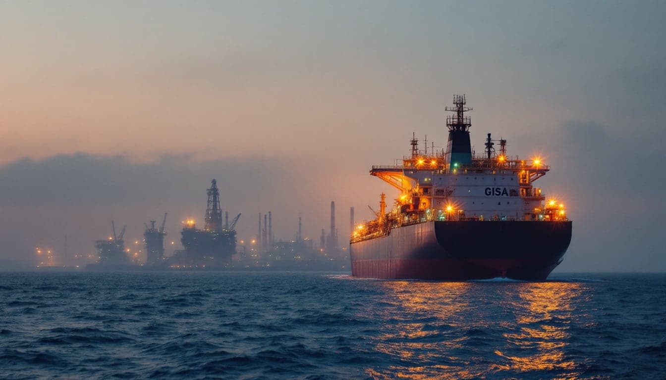 A petroleum product tanker navigating the Atlantic Ocean, representing diesel trade flows between the United States, Europe, and Brazil.
