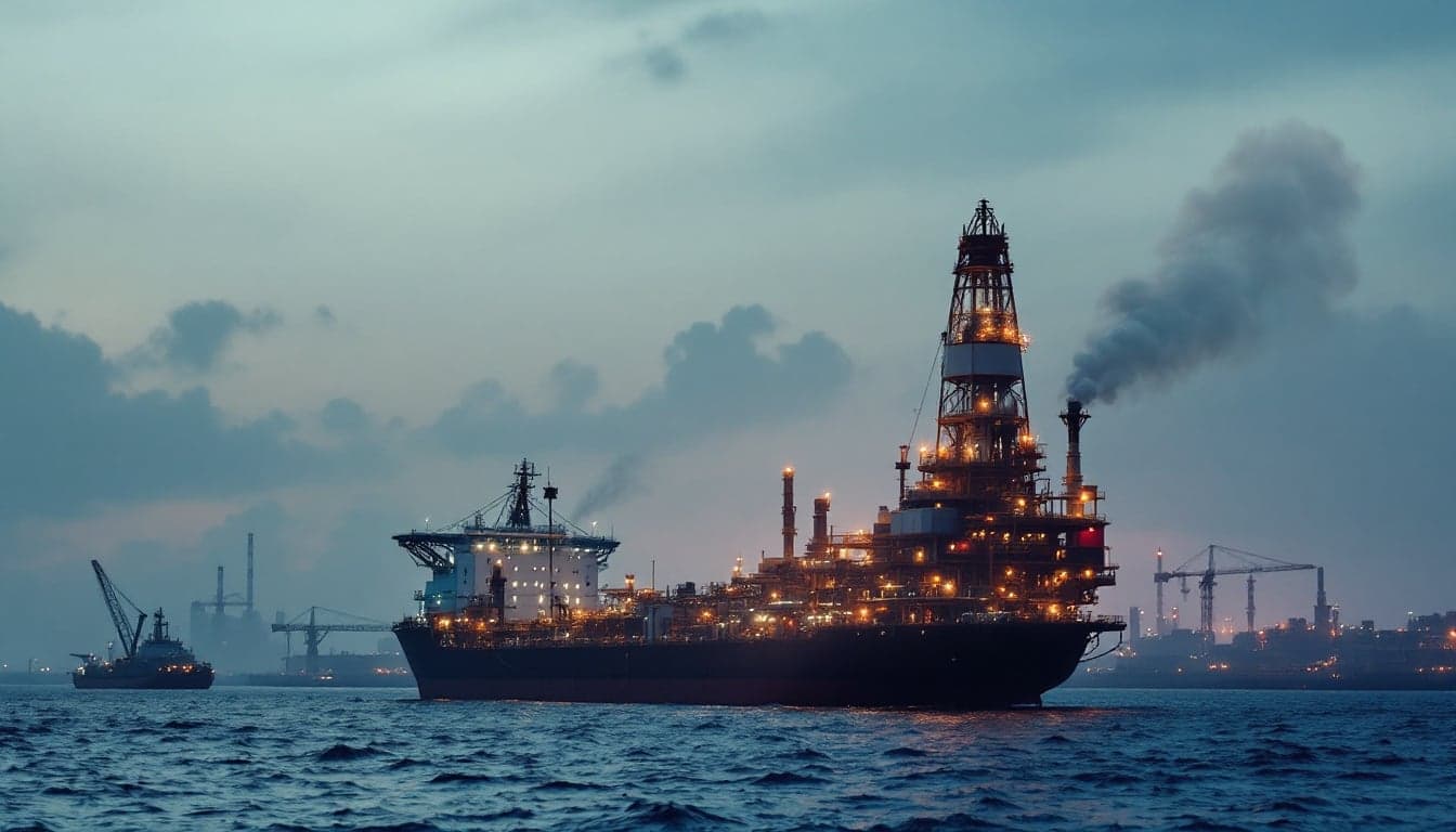 A cargo tanker navigating the Gulf of Oman with the coastline visible in the background, representing maritime shipping risk in the Persian Gulf corridor.