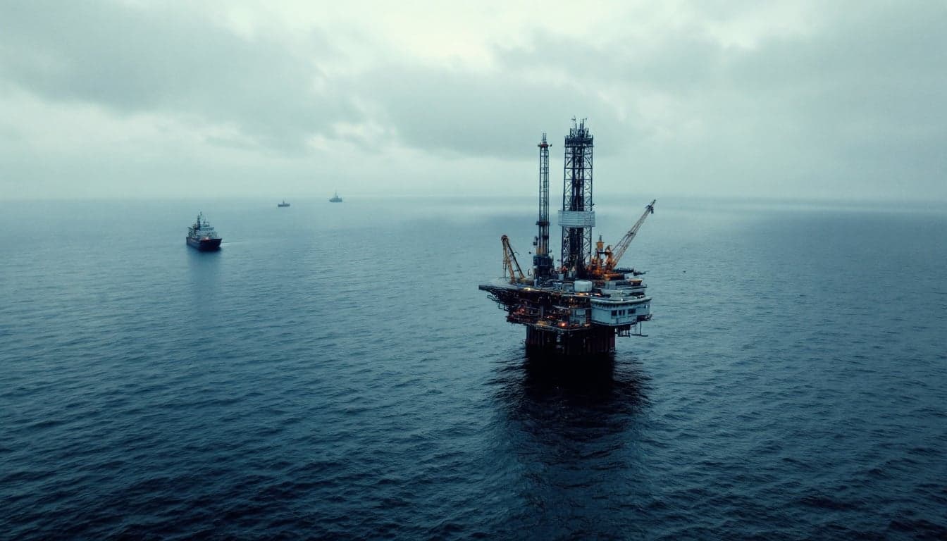 A drillship positioned in open ocean waters during an ultra-deepwater exploration campaign, with drilling equipment visible on the main deck.