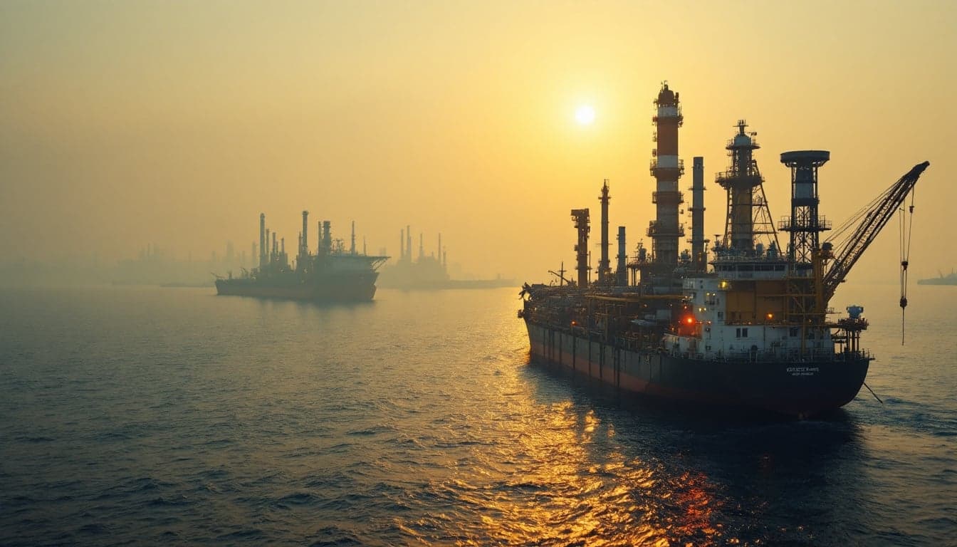 Aerial view of a VLCC tanker transiting a narrow maritime strait, illustrating the strategic importance of the Strait of Hormuz to global crude oil supply chains.