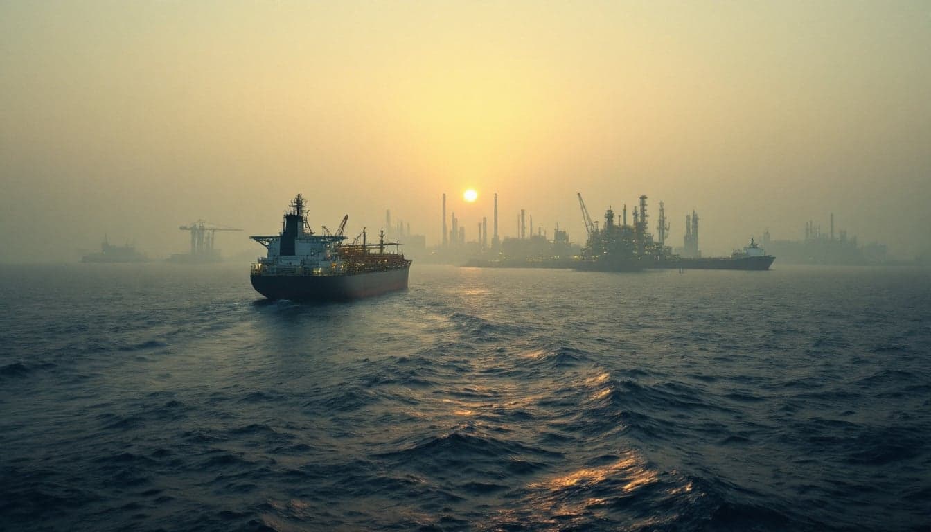 A VLCC tanker transiting a major shipping lane, representing the commercial vessel traffic affected by the US naval blockade of Iran's ports.