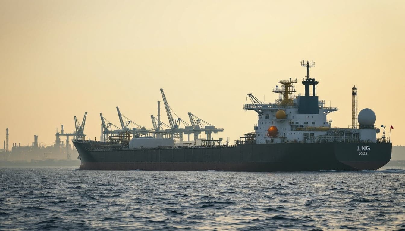 An LNG carrier at a liquefaction export terminal, representing the US-China trade negotiations over tariffs on American liquefied natural gas.
