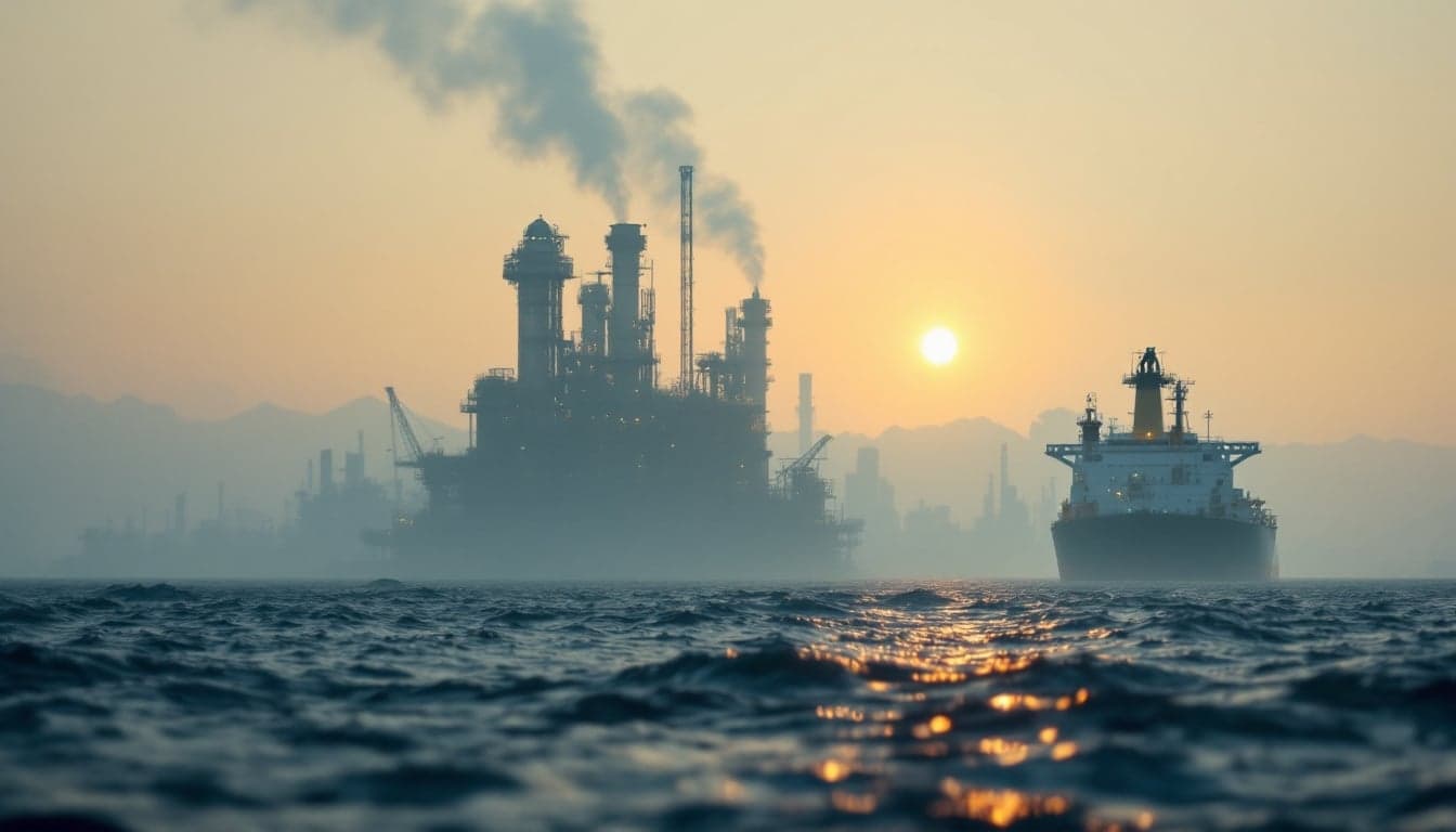 A large crude oil tanker navigating open water under overcast skies, representing vessels subject to international sanctions enforcement.